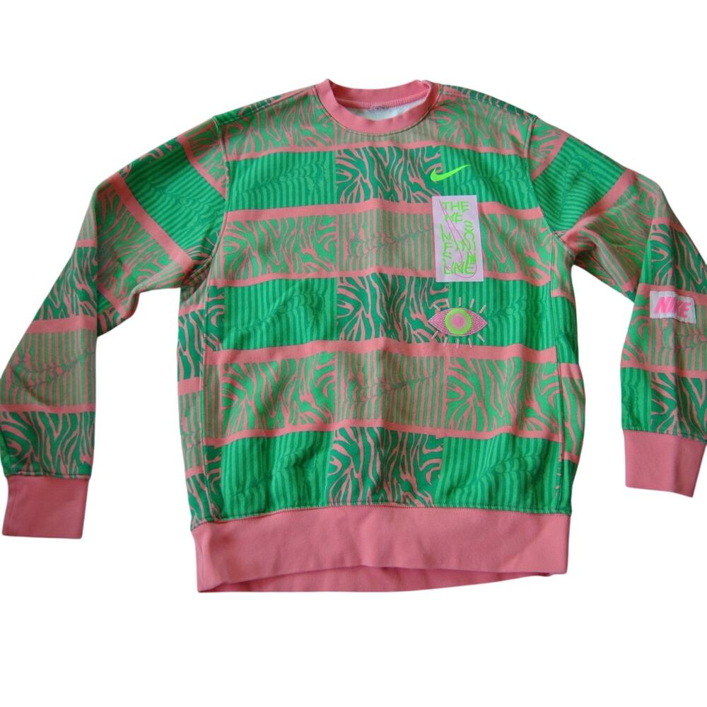 Nike Club Fleece Pink & Green Trippy Safari Geo Pullover Sweater M/L